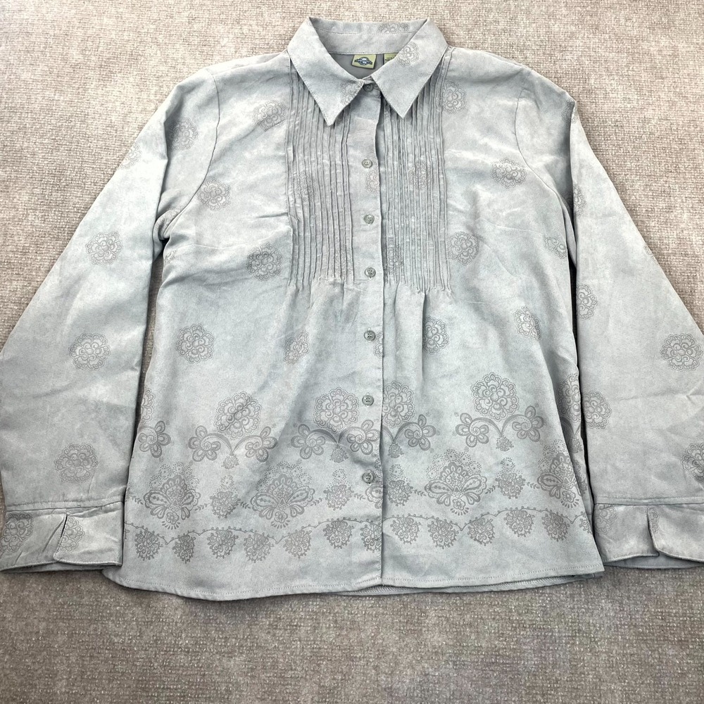 Shaver Lake Shirt Women Large Gray Floral Pintucked Long Sleeve Button Up Blouse